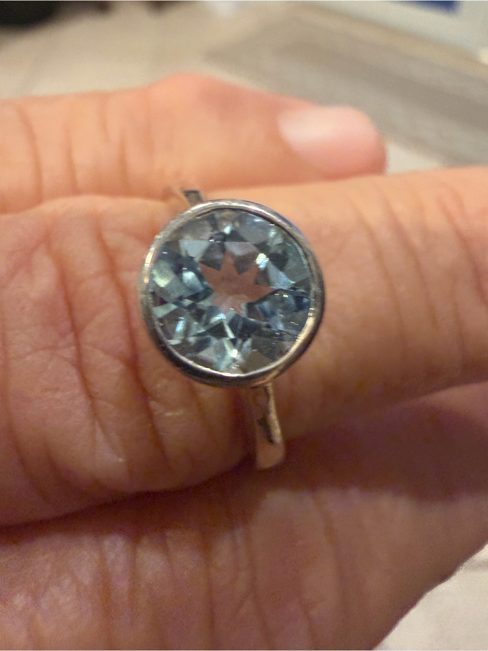 Sterling Silver Aquamarine Round Solitaire Bezel Set Ring Size 7